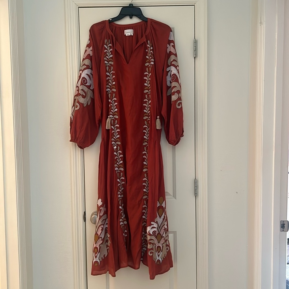 Anthropologie Rust Embroidered Long Sleeve Dress - Picture 3 of 17